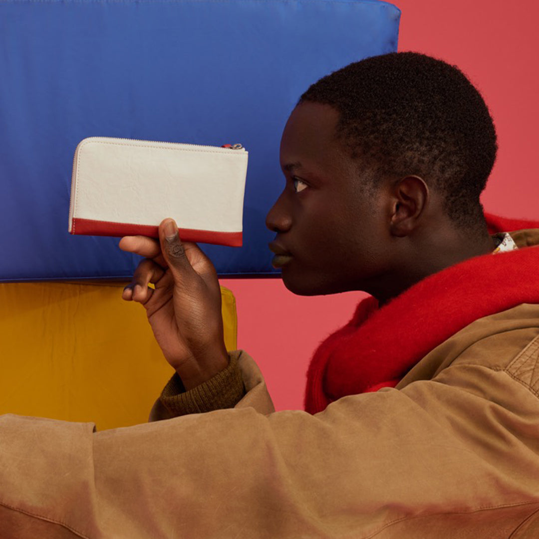 ＜numeri＞SOTTILE 雙色拼色 L型長夾/白色×紅色