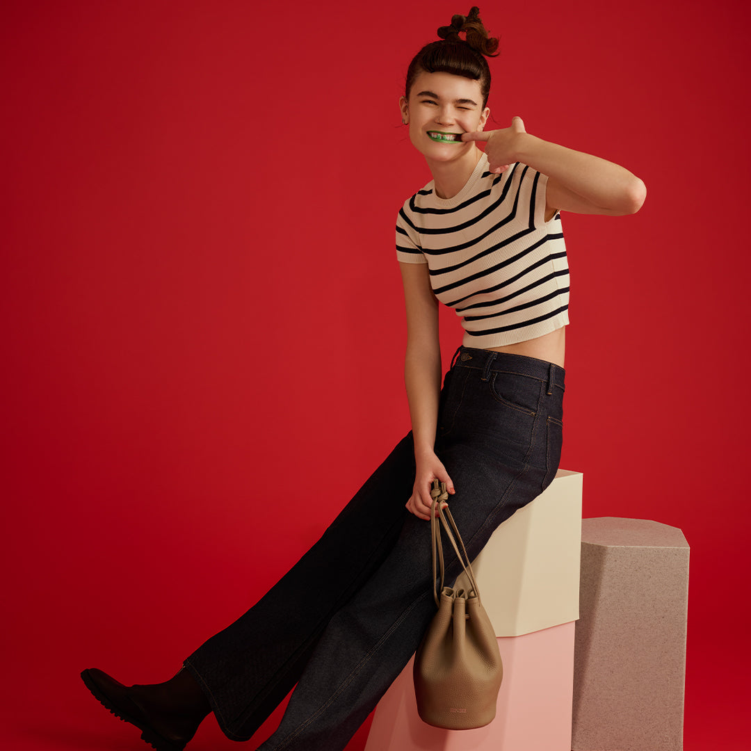 <LEZALI> Embossed Leather Drawstring Mini Bag / Taupe